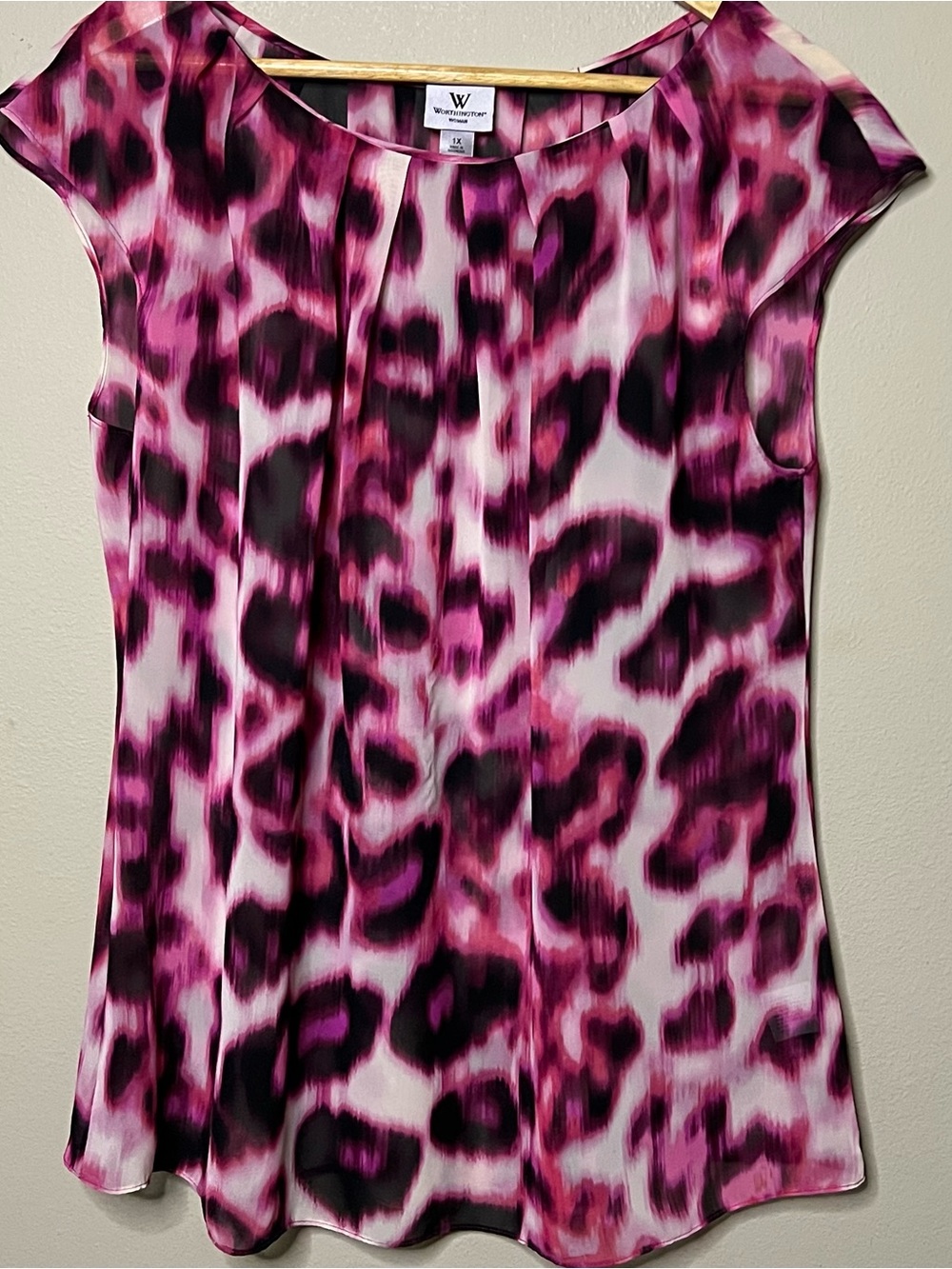 Worthington Leopard Print Cap Sleeve Blouse Women 1X Pink Purple Black Sheer